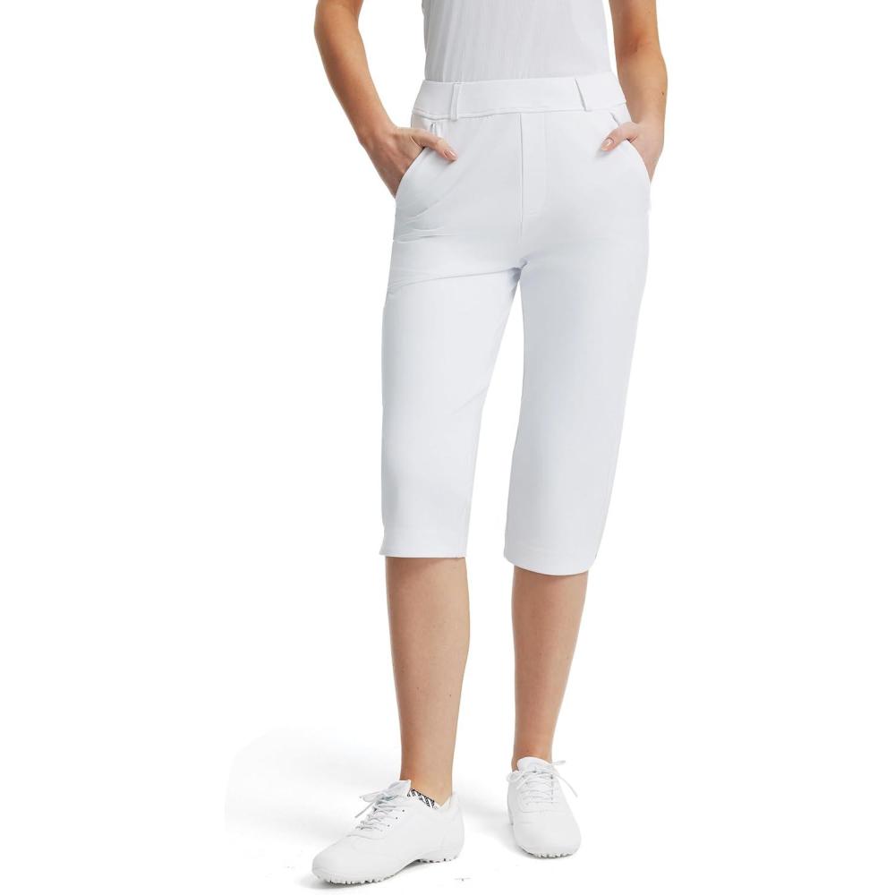 image:imageFitsT4 Sports Women 18 Golf Capris High Waist Stretch Hiking Capri Pants with Pockets Work CasualWhite