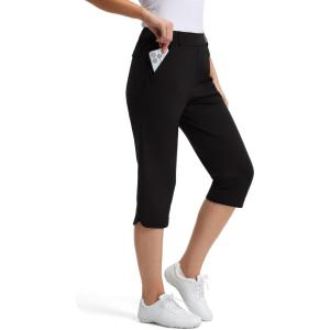FitsT4 Sports Women 18″ Golf Capris High Waist Stretch Hiking Capri Pants with Pockets Work Casual(Black)